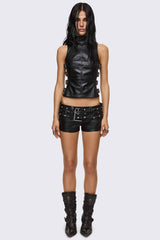 Omen Buckle Faux Leather Top
