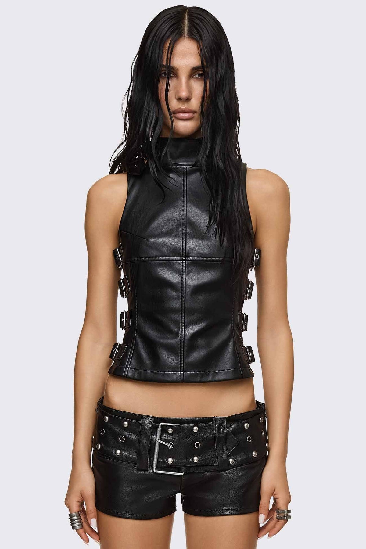 Omen Buckle Faux Leather Top