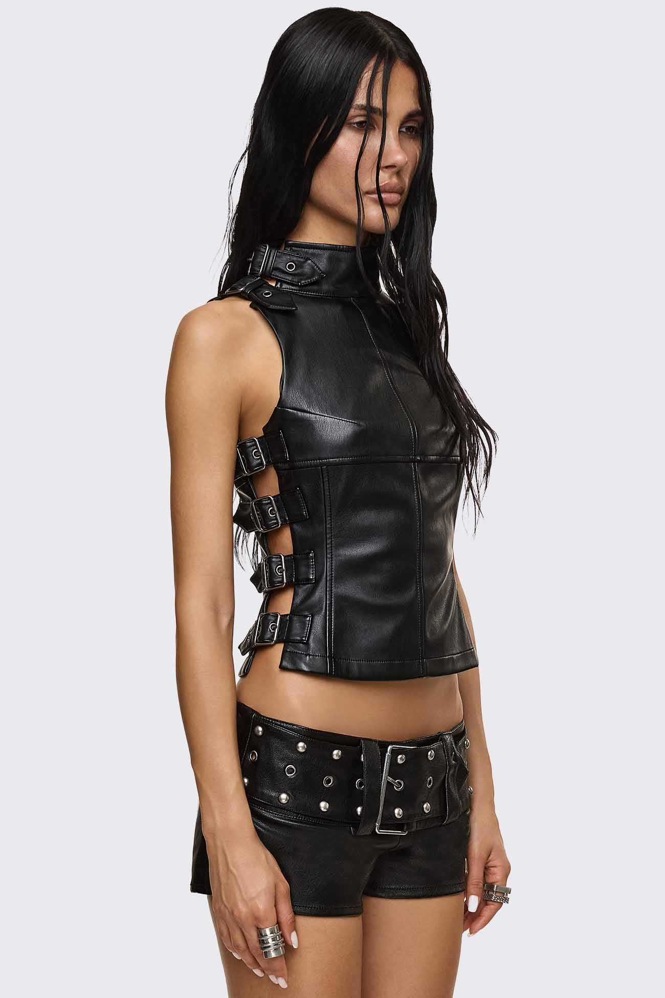 Omen Buckle Faux Leather Top