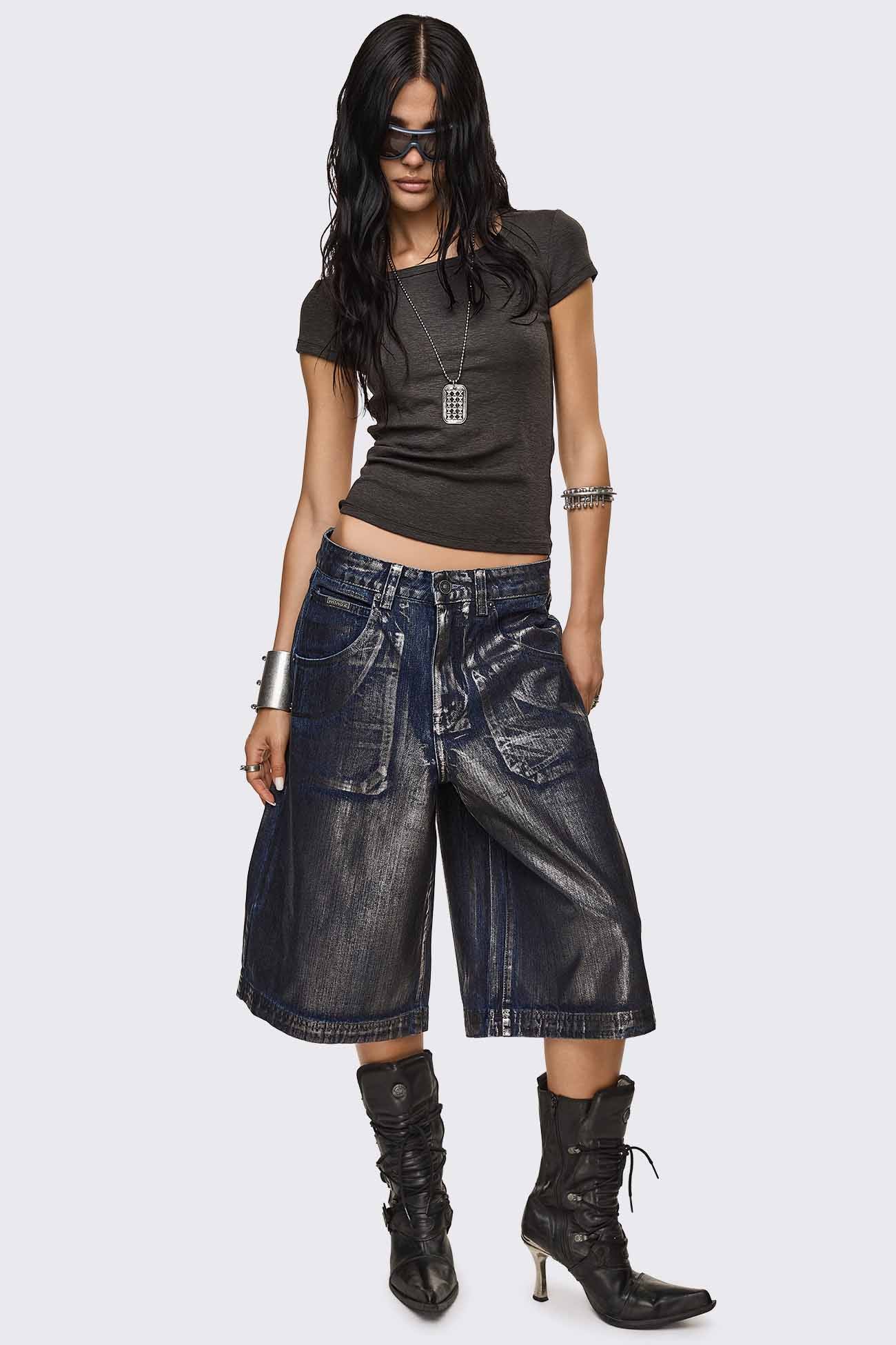 Metallic Coated Blue Denim Jorts
