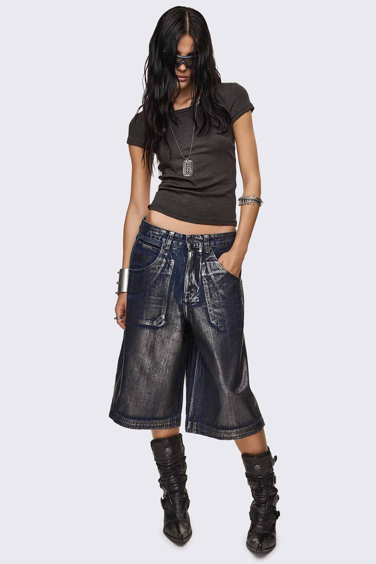 Metallic Coated Blue Denim Jorts