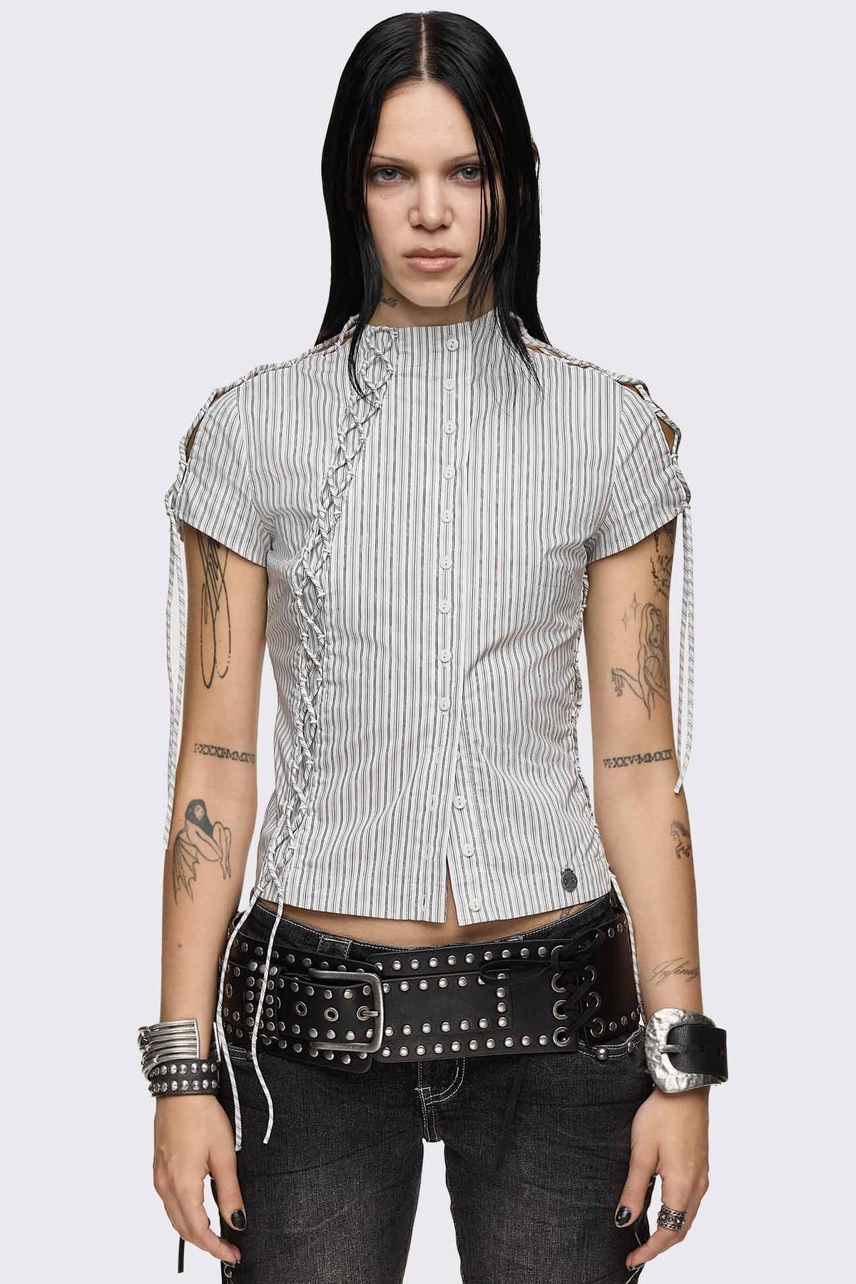 Sweet Ruin Striped Lace-Up Blouse