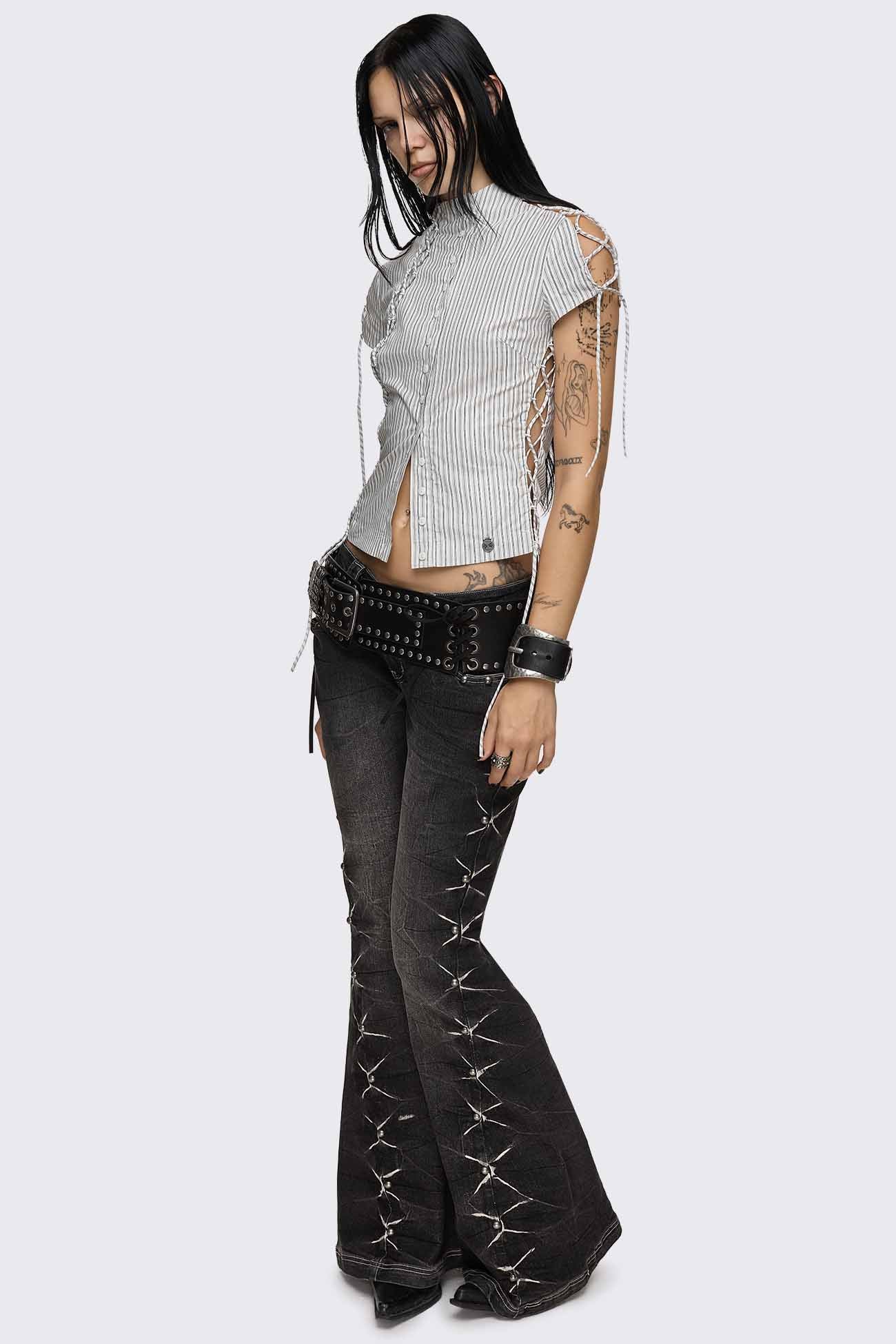 Sweet Ruin Striped Lace-Up Blouse