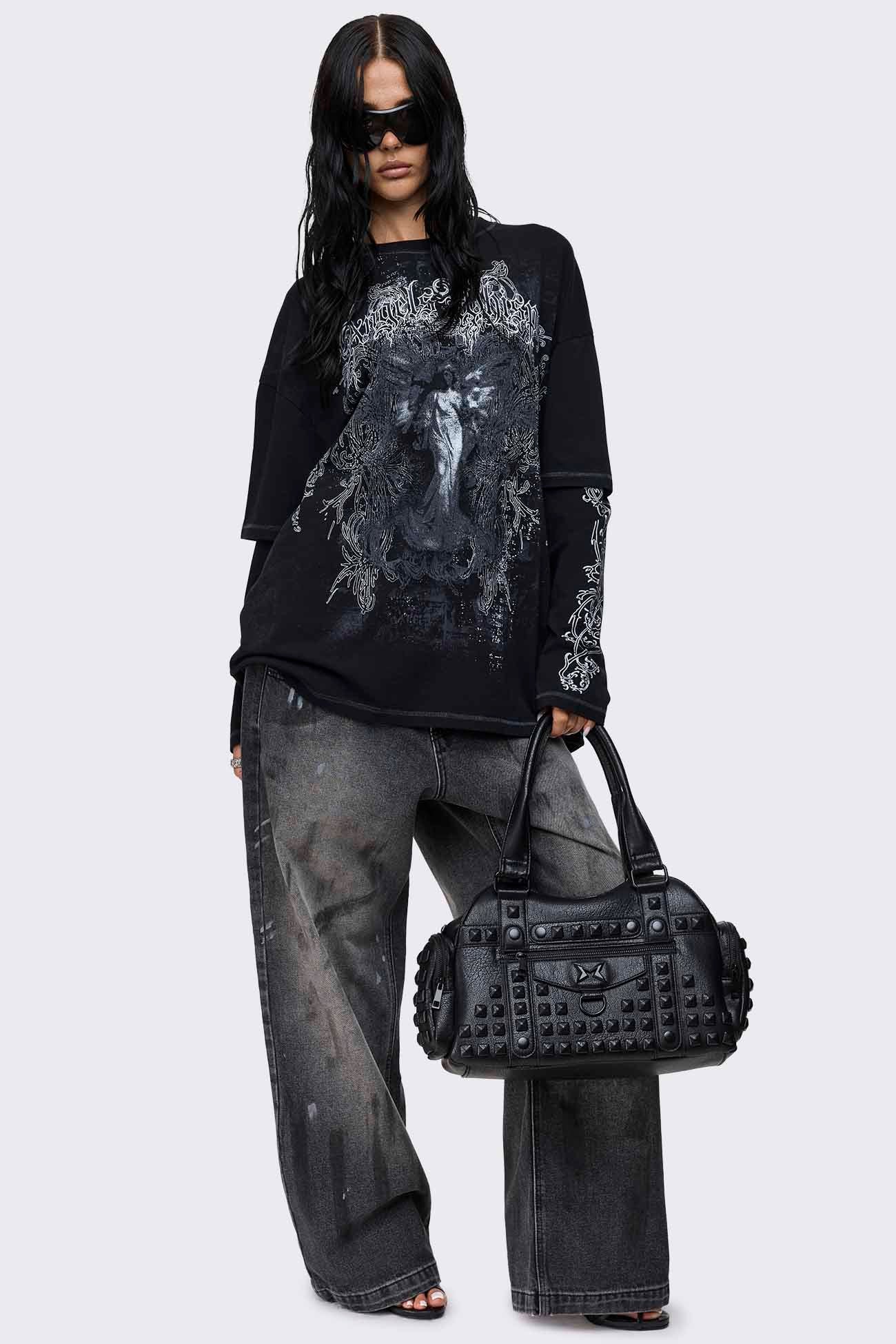 Angels Whisper Black Graphic Layered T-Shirt