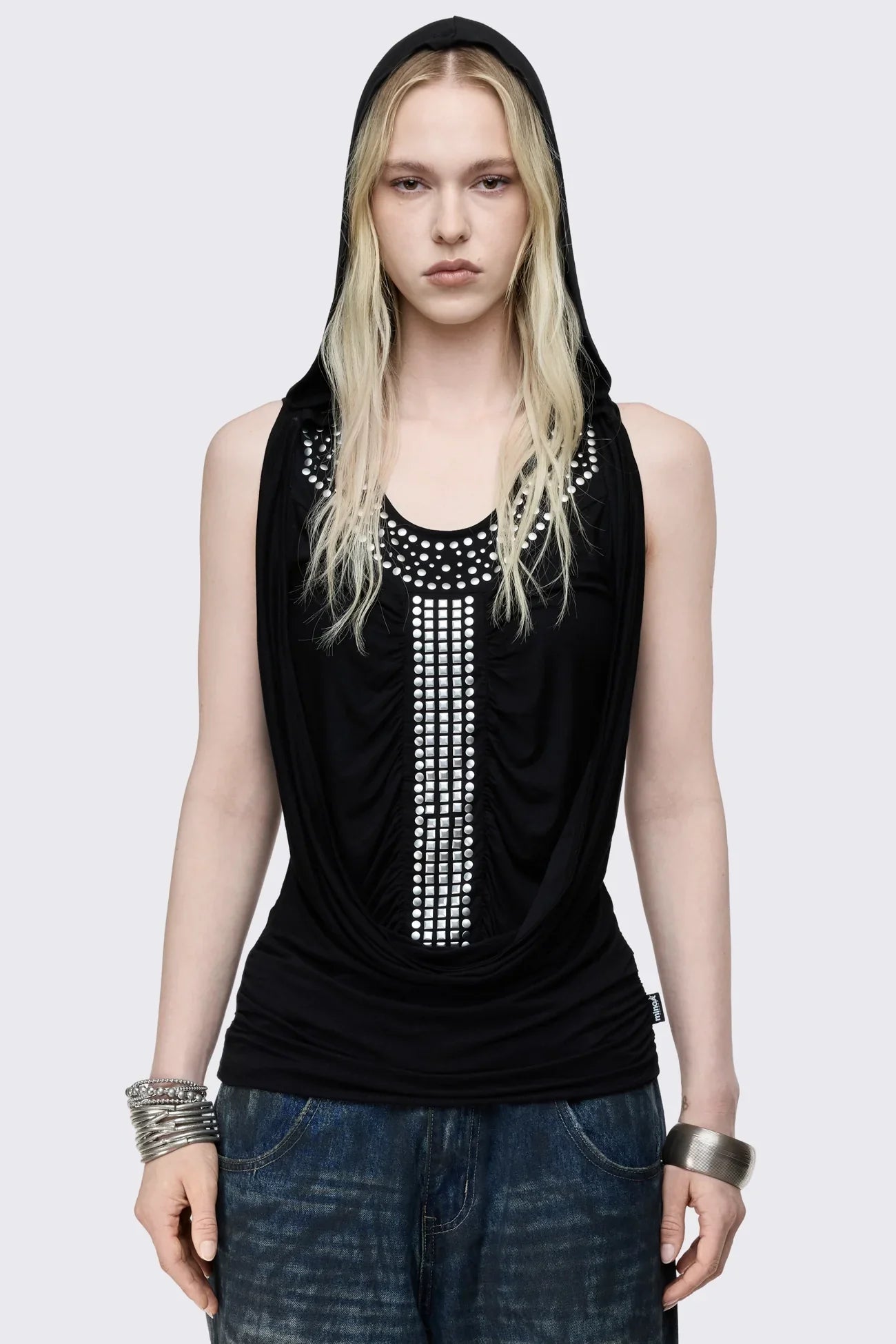 Phoenix Black Studded Cowl Hood Vest Top