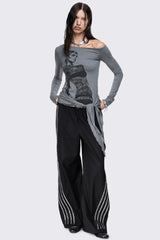 Lustre Grey Graphic Off Shoulder Top