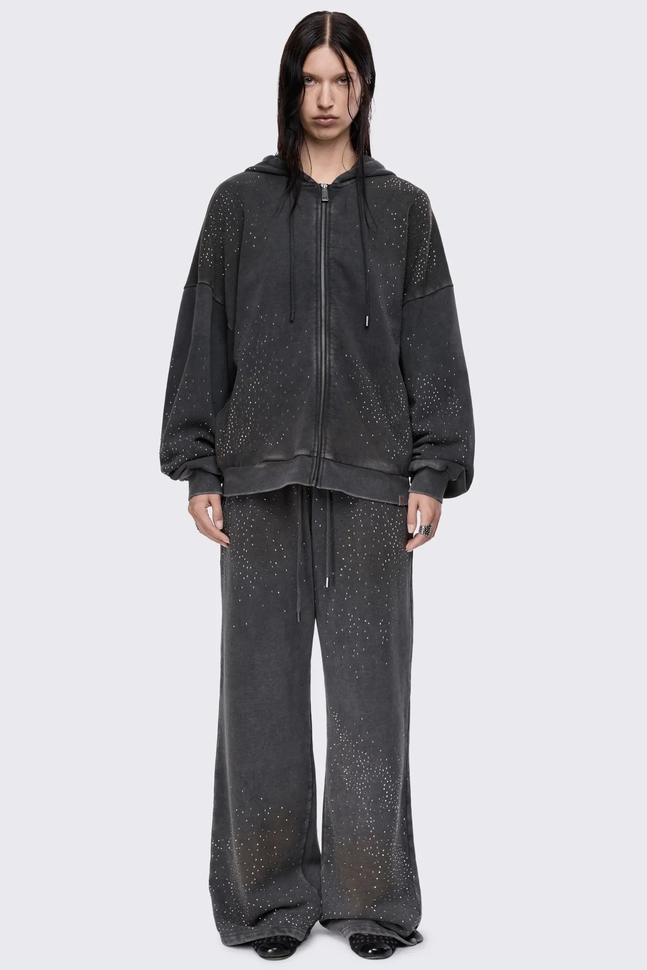 Gleam Mud Wash Rhinestone Zip Up Hoodie