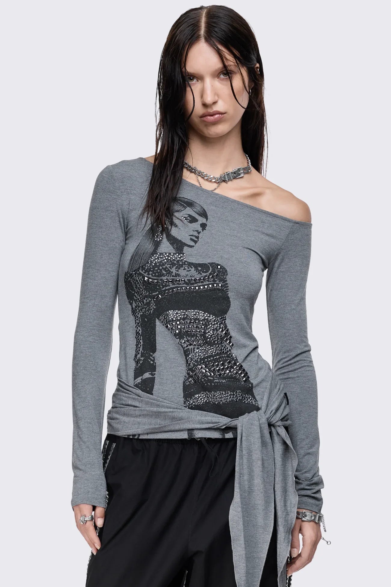 Lustre Grey Graphic Off Shoulder Top