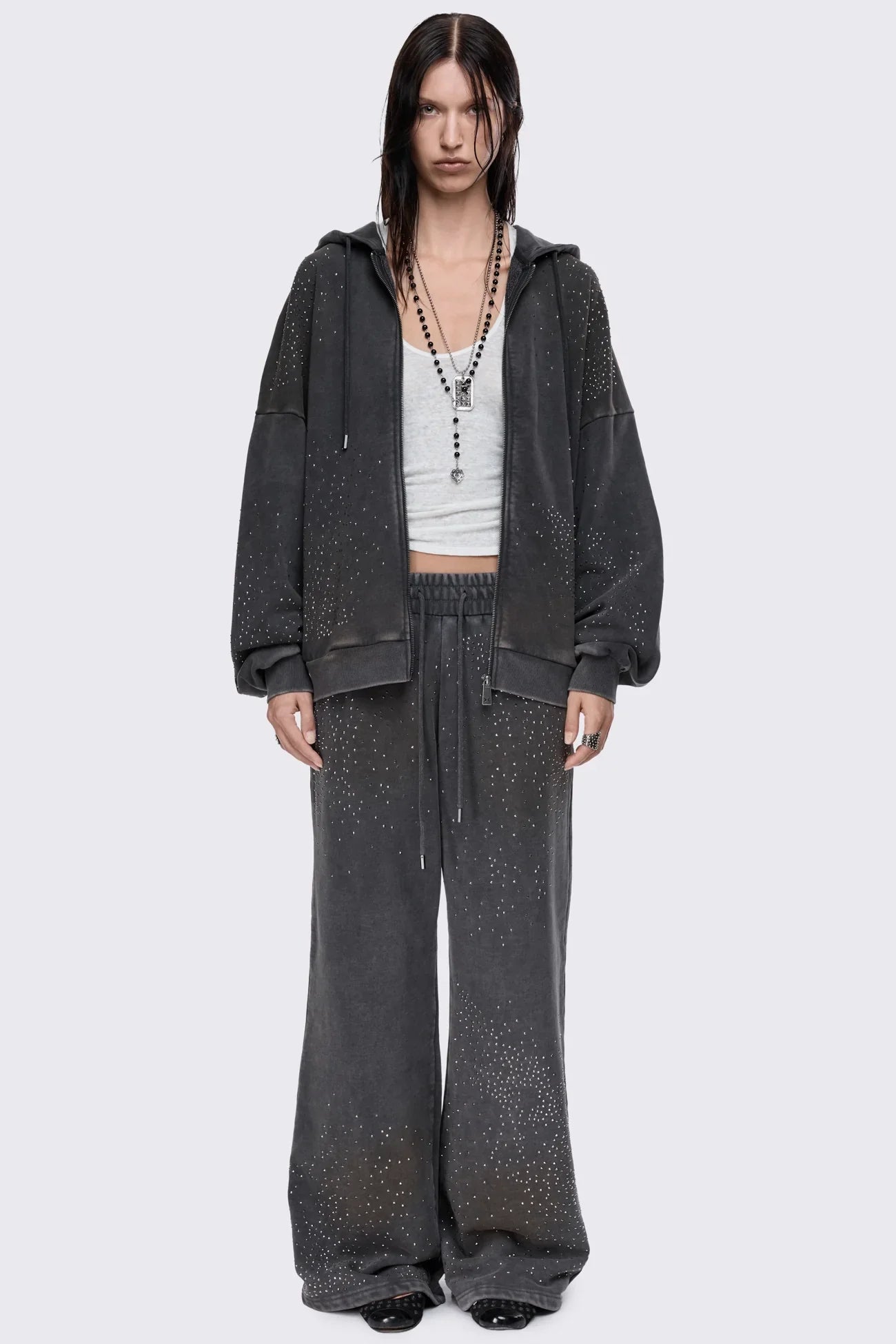 Gleam Mud Wash Rhinestone Zip Up Hoodie