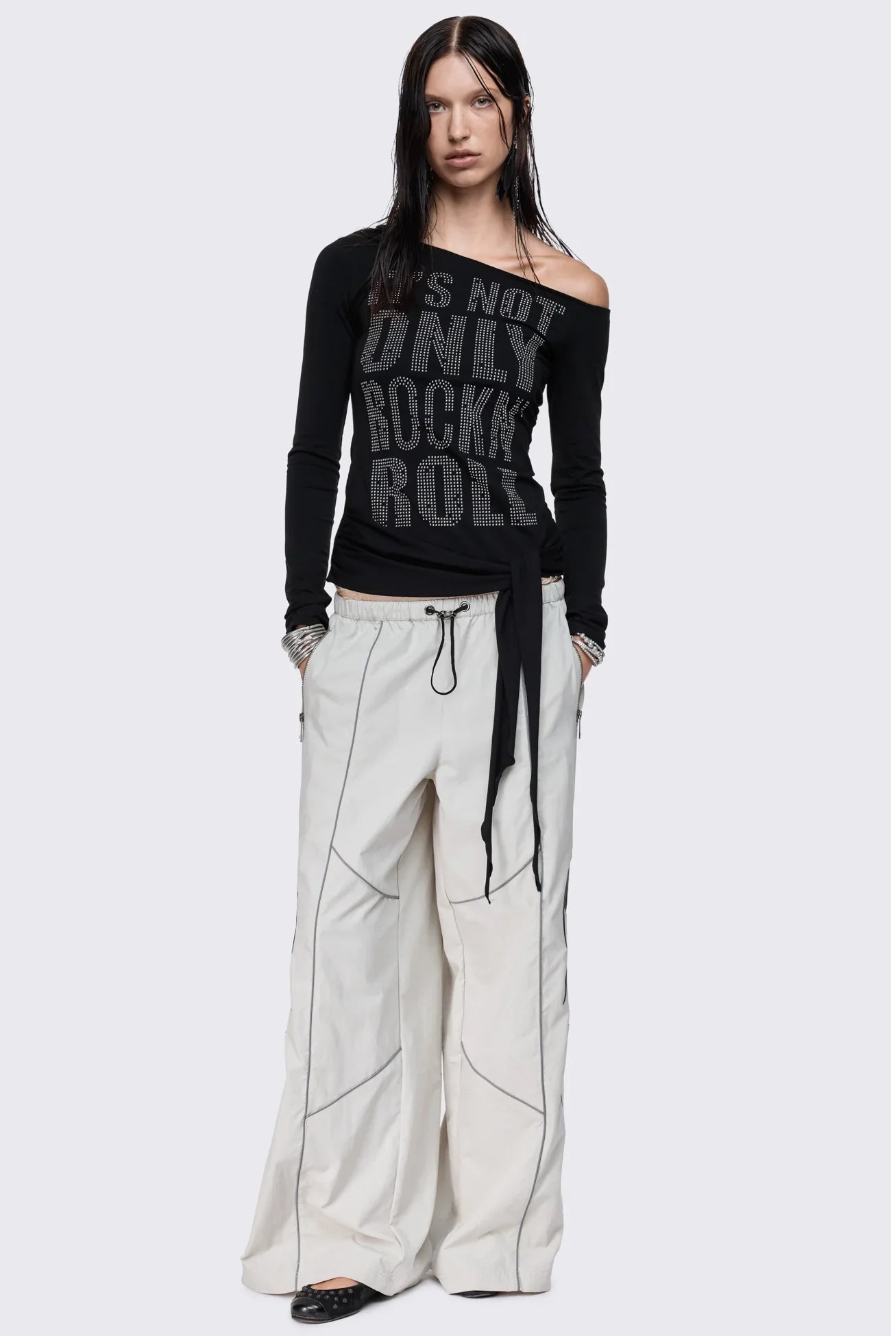 Lustre Black Graphic Off Shoulder Top