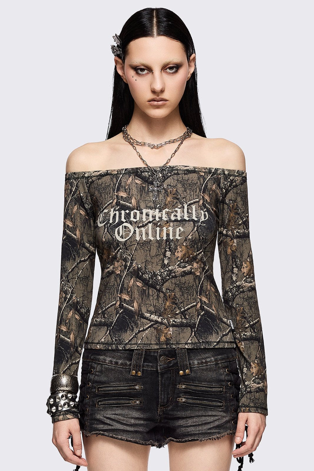 Forest Tree Camo Off-Shoulder Top