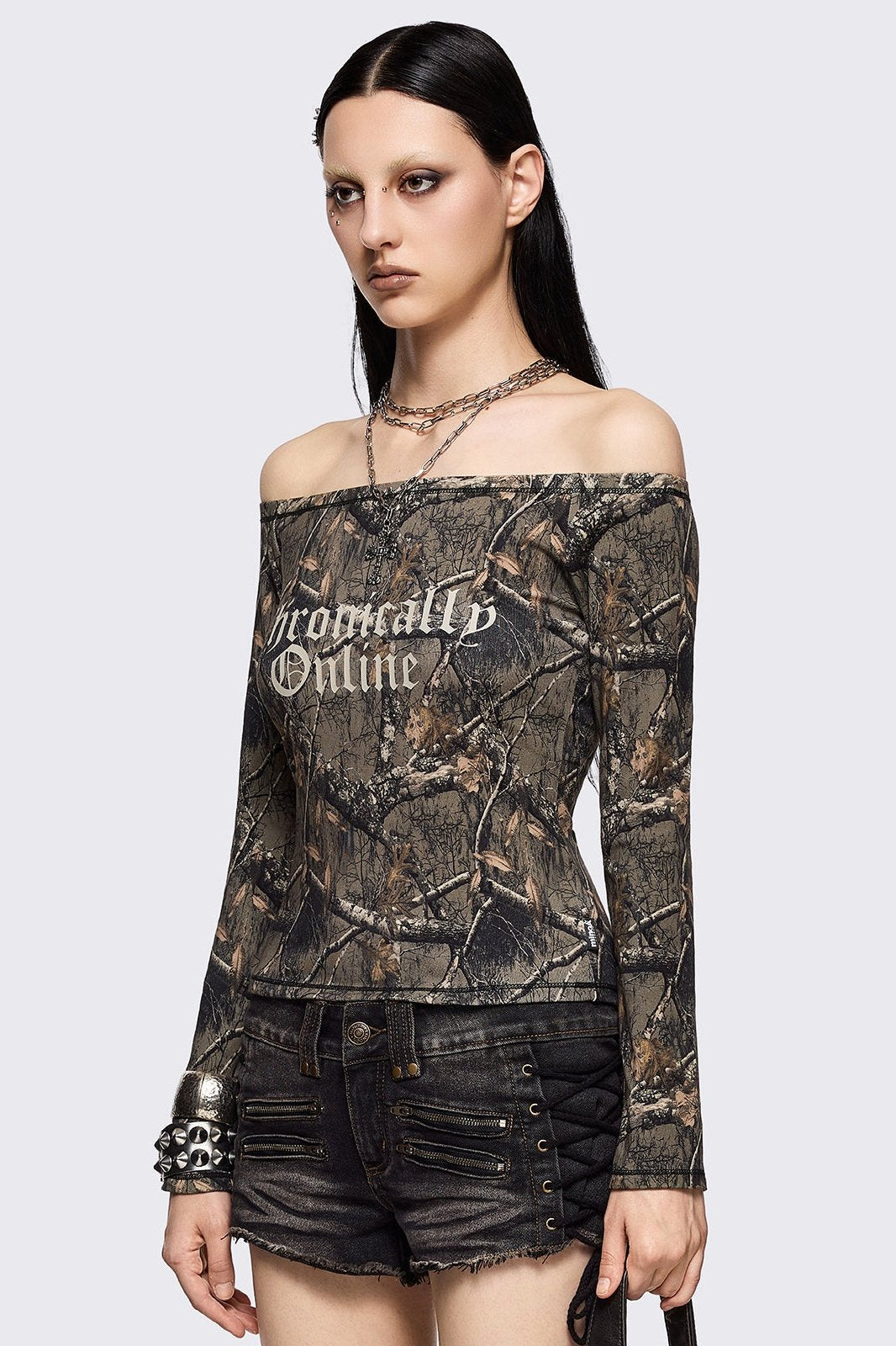 Forest Tree Camo Off-Shoulder Top