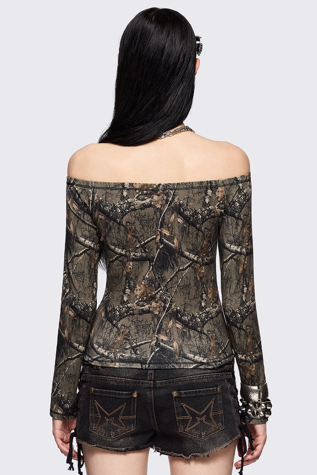 Forest Tree Camo Off-Shoulder Top