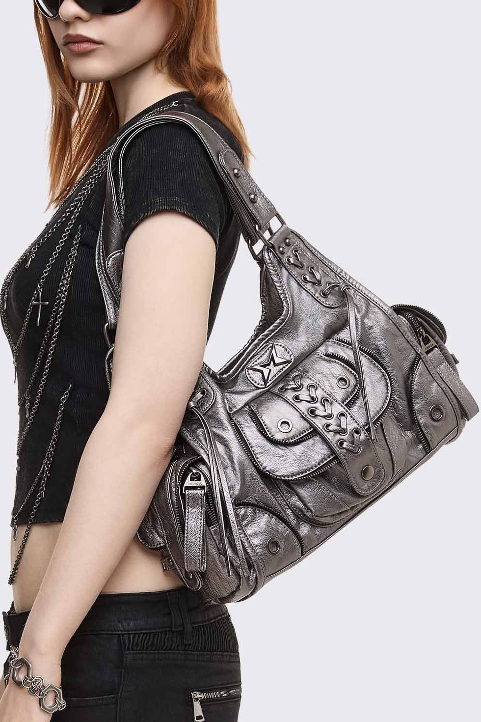 Jules Silver Faux Leather Shoulder Bag