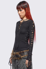 Khaela Black Lace-Up Top