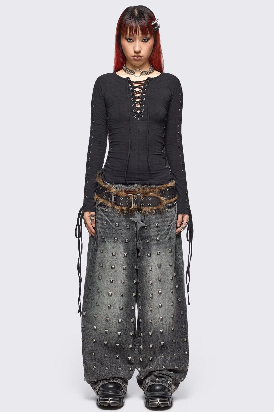 Khaela Black Lace-Up Top