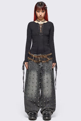 Khaela Black Lace-Up Top