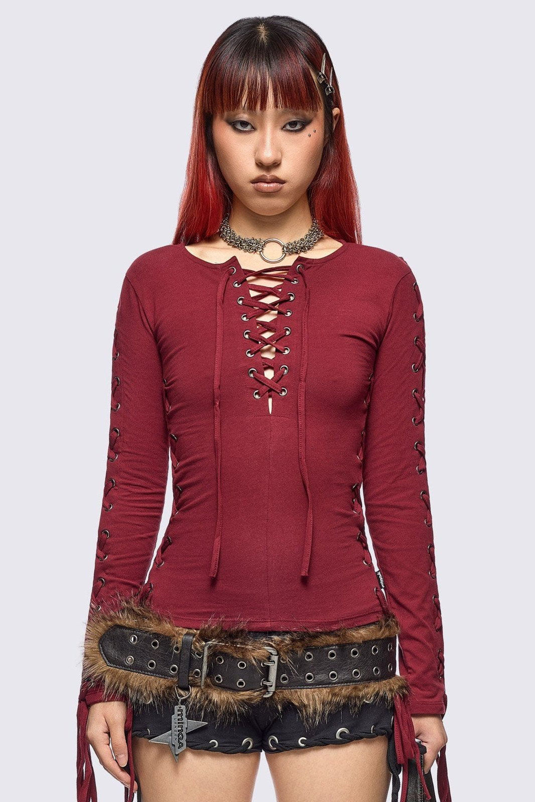 Khaela Burgundy Lace-Up Top