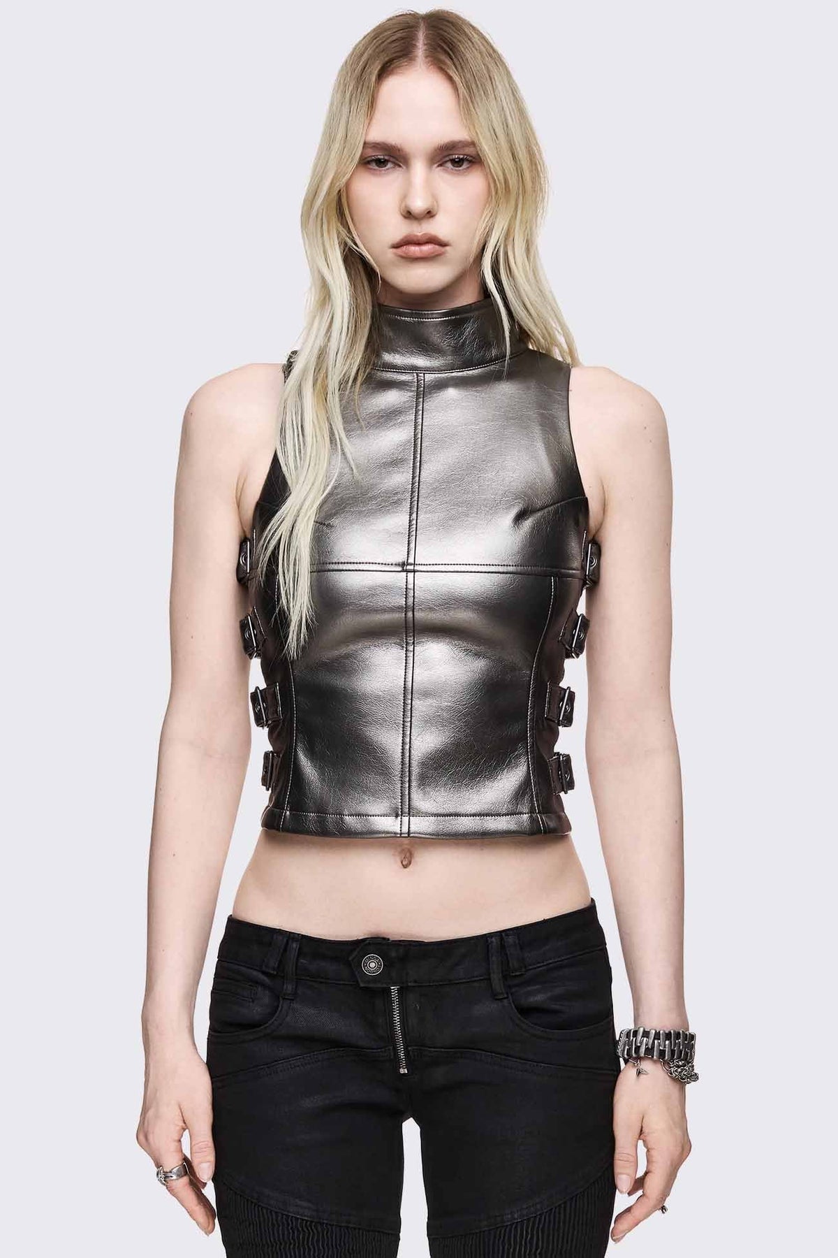 Omen Dark Silver Buckle Faux Leather Top