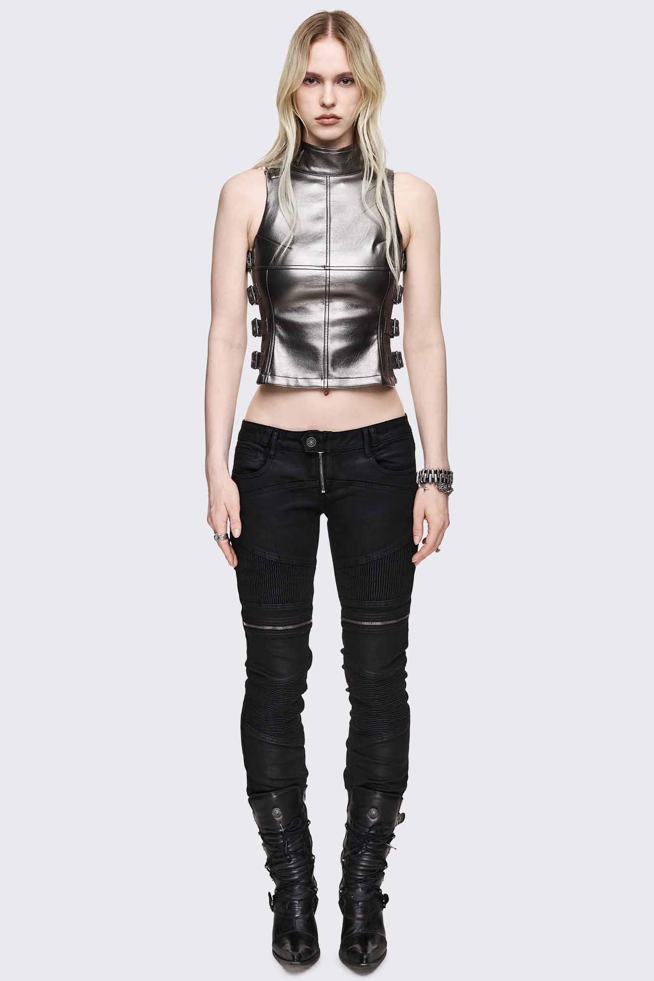 Omen Dark Silver Buckle Faux Leather Top
